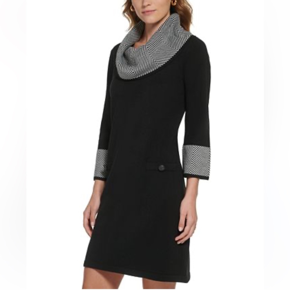 Jessica Howard Women's Sweater Dress Black Sz Large Houndstooth Cowl